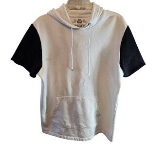 AMERICAN RAG MENS WHITE BLUE HOODIE SIZE LARGE SHORT SLEEVE FRONT POCKET COMFY